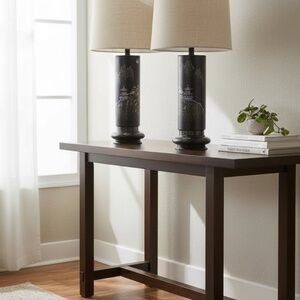 RARE SET OF 2 HOLLYWOOD REGENCY BLACK LAQUER MOTHER OF PEARL INLAY TABLE LAMP‎